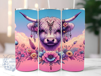 Boho Highland Cow 20oz Skinny Tumbler, Floral Cow Tumbler Png, Straight & Tapered Tumbler Wrap, Instant Digital Download Sublimation ToriDesigns 