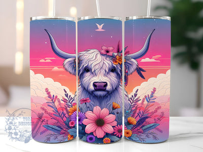Boho Highland Cow 20oz Skinny Tumbler, Floral Cow Tumbler Png, Straight & Tapered Tumbler Wrap, Instant Digital Download Sublimation ToriDesigns 