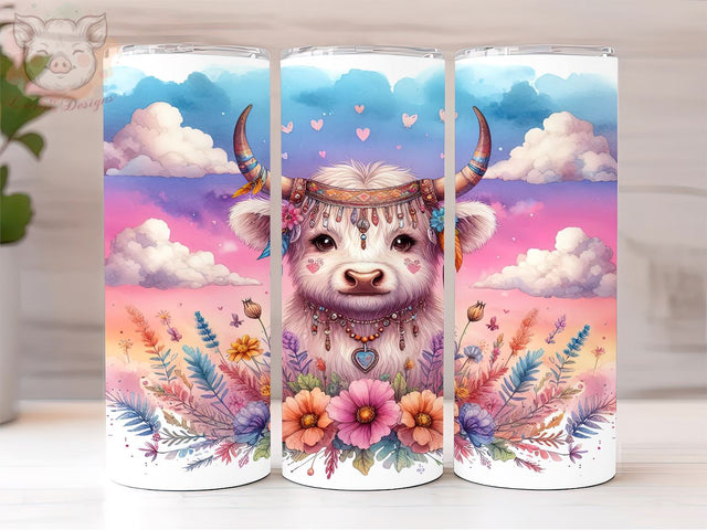 Boho Highland Cow 20oz Tumbler Png, Straight & Tapered Tumbler Png, Floral Cow Tumbler Png, Digital Download PNG Sublimation Lara' s Designs 