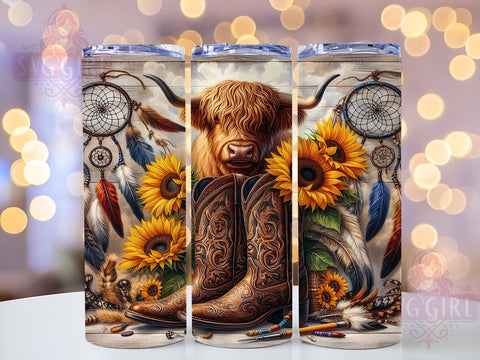 Boho Highland Cow 20oz Tumbler Wrap Sublimation Design, Straight Tapered Tumbler Wrap, Western Tumbler Png, Instant Digital Download Sublimation SvggirlplusArt 
