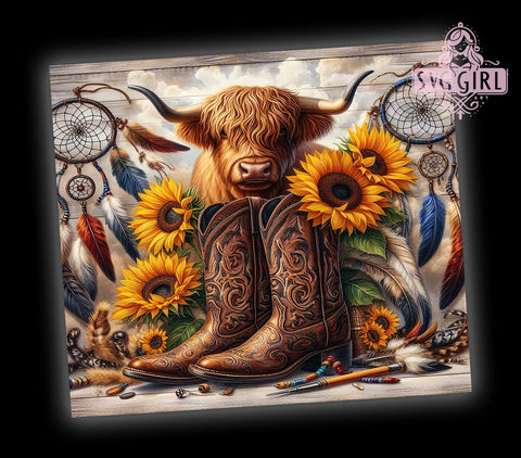 Boho Highland Cow 20oz Tumbler Wrap Sublimation Design, Straight Tapered Tumbler Wrap, Western Tumbler Png, Instant Digital Download Sublimation SvggirlplusArt 