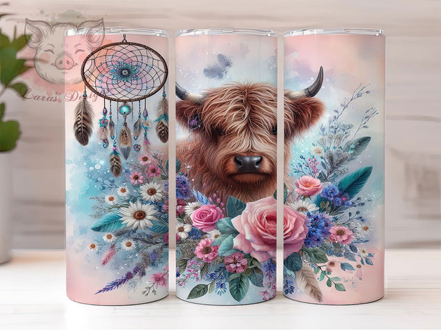 Boho Highland Cow Dreamcatcher Tumbler, Boho Dreamcatcher Tumbler, Floral Tumbler Wrap, 20oz Skinny Tumbler, Bohemian Cow Tumbler, Dreamy Cow Design, Nature Tumbler Sublimation Sublimation Lara' s Designs 