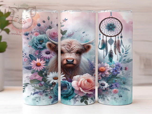Boho Highland Cow Dreamcatcher Tumbler, Boho Dreamcatcher Tumbler, Floral Tumbler Wrap, 20oz Skinny Tumbler, Bohemian Cow Tumbler, Dreamy Cow Design, Nature Tumbler Sublimation Sublimation Lara' s Designs 