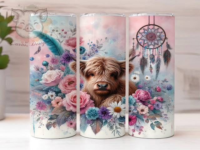 Boho Highland Cow Dreamcatcher Tumbler, Boho Dreamcatcher Tumbler, Floral Tumbler Wrap, 20oz Skinny Tumbler, Bohemian Cow Tumbler, Dreamy Cow Design, Nature Tumbler Sublimation Sublimation Lara' s Designs 