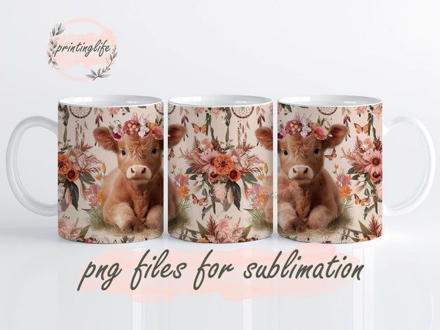 Boho Highland Cow Mug Wrap Design, Instant Digital Design Download Mug Wrap Design, Mug Design PNG Sublimation PrintingLife 