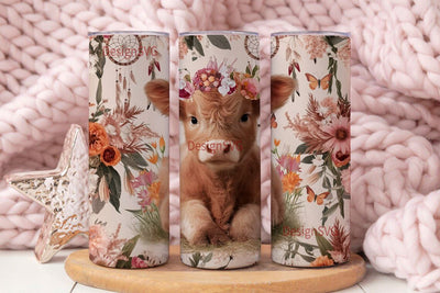 Boho Highland Cow Tumbler Design, 20oz Skinny Tumbler Sublimation, Floral Cow Digital Download, 300dpi PNG Tumbler Wrap Sublimation DesignSVG 