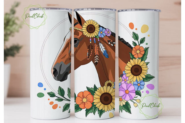 Boho Horse Floral Tumbler Wrap Sublimation PixelChick 