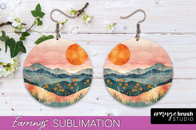 Boho Landscape Round Earring Sublimation, Minimalist Earring Sublimation OrangeBrushStudio 