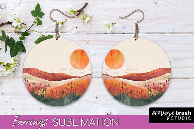 Boho Landscape Round Earring Sublimation, Minimalist Earring Sublimation OrangeBrushStudio 
