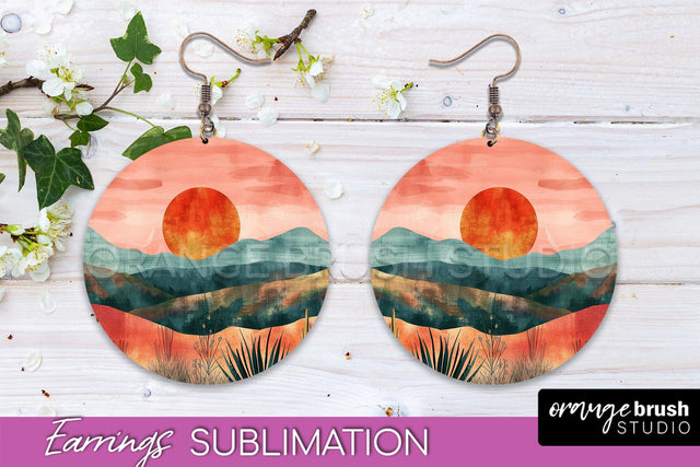 Boho Landscape Round Earring Sublimation, Minimalist Earring Sublimation OrangeBrushStudio 