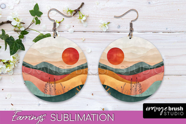 Boho Landscape Round Earring Sublimation, Minimalist Earring Sublimation OrangeBrushStudio 