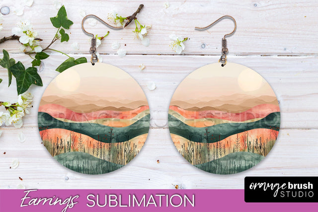 Boho Landscape Round Earring Sublimation, Minimalist Earring Sublimation OrangeBrushStudio 