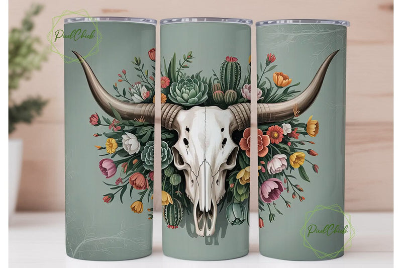 Boho Longhorn Skull 20oz Tumbler Wrap Sublimation PixelChick 