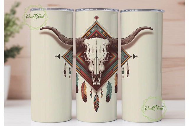 Boho Longhorn Skull 20oz Tumbler Wrap Sublimation PixelChick 