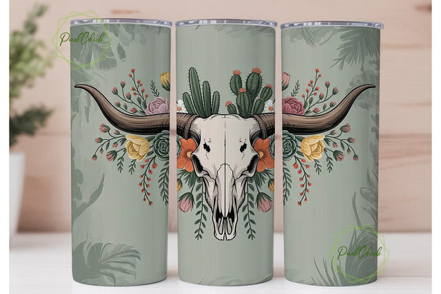 Boho Longhorn Skull 20oz Tumbler Wrap Sublimation PixelChick 