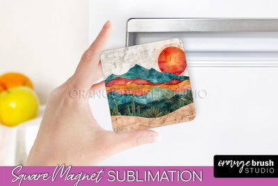 Boho Magnet Sublimation, Minimalist Landscape Magnet Design Sublimation OrangeBrushStudio 