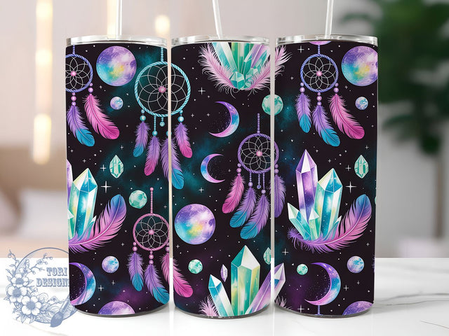 Boho Moon Crystal Dreamcatcher Tumbler, Moon Crystal Cup, 20Oz Tumbler Wrap, Bohemian Style Drinkware, Sublimation Tumbler Design, Spiritual Moon Mug, Crystal Dreamcatcher Cup Sublimation ToriDesigns 