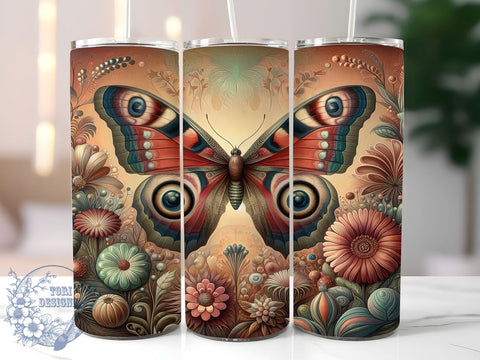 Boho Moth Among Flowers 20 oz Skinny Tumbler Sublimation Design, Straight And Tapered Tumbler Wrap, Instant Digital Download PNG Sublimation ToriDesigns 