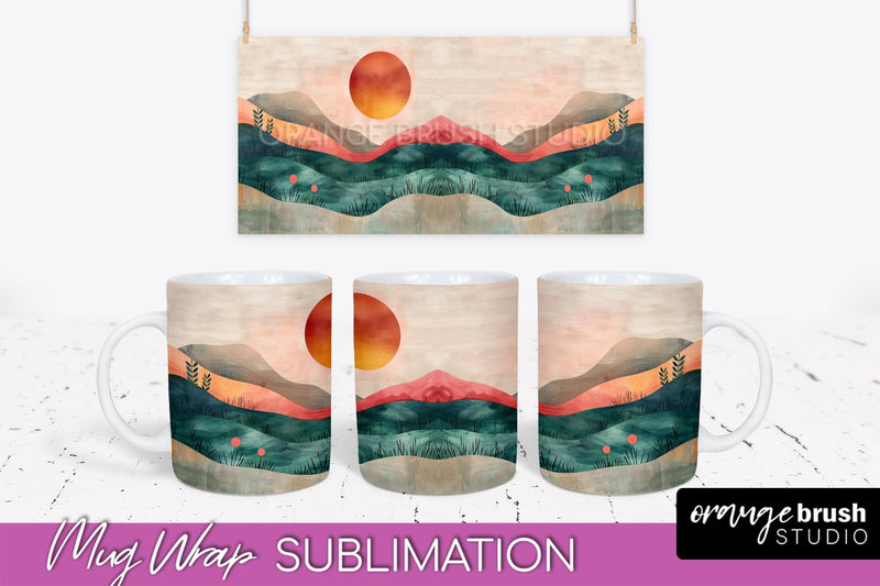 Boho Mug Wrap - Minimalist Landscape Mug Sublimation Design Sublimation OrangeBrushStudio 