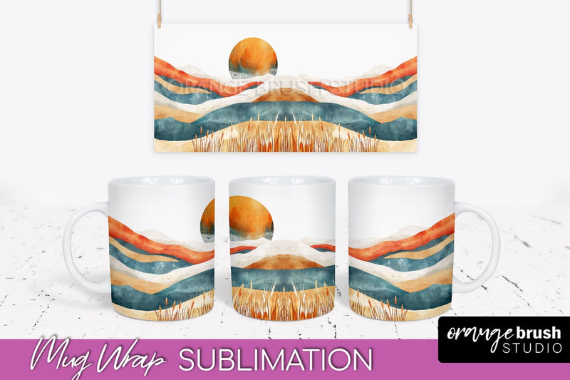 Boho Mug Wrap - Minimalist Landscape Mug Sublimation Design Sublimation OrangeBrushStudio 