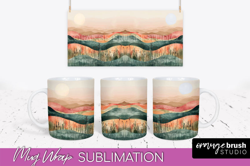 Boho Mug Wrap - Minimalist Landscape Mug Sublimation Design Sublimation OrangeBrushStudio 
