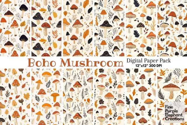 Boho Mushrooms Digital Paper | Fall Forest Sublimation Digital Pattern Fine Purple Elephant Creations 
