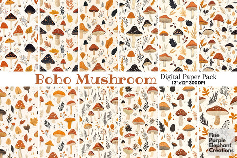 Boho Mushrooms Digital Paper | Fall Forest Sublimation Digital Pattern Fine Purple Elephant Creations 