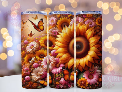 Boho Pink Butterfly Sunflower 20oz Tumbler, Sunflower Tumbler, 20oz Wrap, Sublimation Design, Floral Print, Boho Style, PNG File Sublimation SvggirlplusArt 