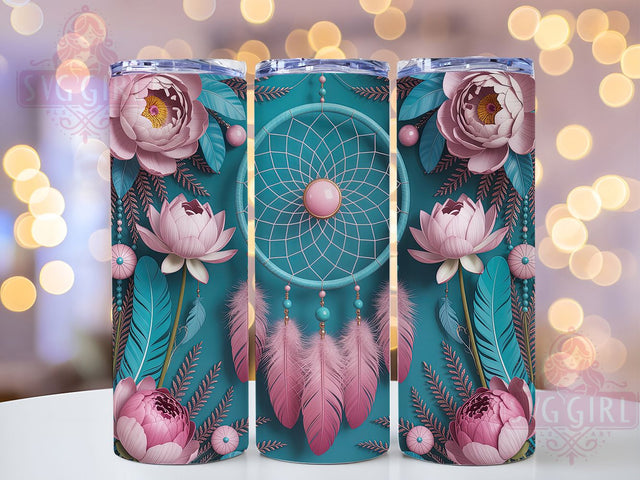 Boho Pink Floral Dreamcatcher Tumbler, Pink Floral Cup, Bohemian Drinkware Wrap, 20Oz Tumbler Sublimation, Dreamcatcher Mug Design, Pastel Boho Tumbler, Floral Boho Cup Wrap Sublimation SvggirlplusArt 