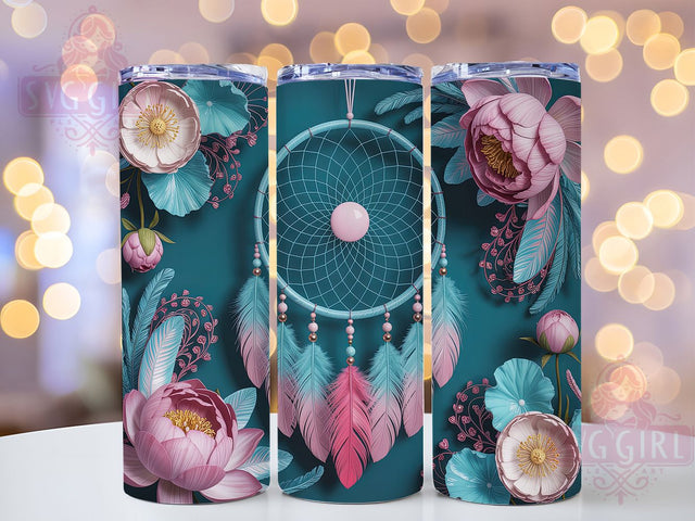 Boho Pink Floral Dreamcatcher Tumbler, Pink Floral Cup, Bohemian Drinkware Wrap, 20Oz Tumbler Sublimation, Dreamcatcher Mug Design, Pastel Boho Tumbler, Floral Boho Cup Wrap Sublimation SvggirlplusArt 