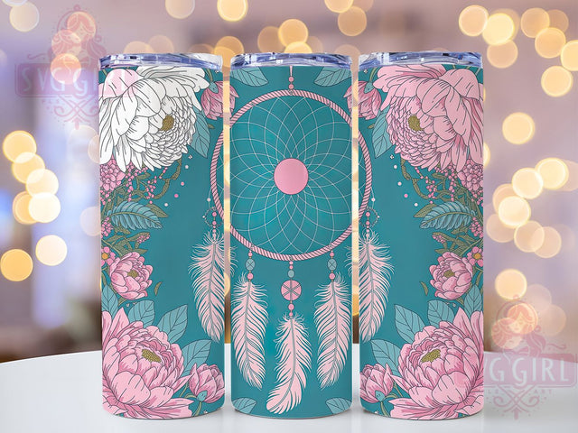 Boho Pink Floral Dreamcatcher Tumbler, Pink Floral Cup, Bohemian Drinkware Wrap, 20Oz Tumbler Sublimation, Dreamcatcher Mug Design, Pastel Boho Tumbler, Floral Boho Cup Wrap Sublimation SvggirlplusArt 