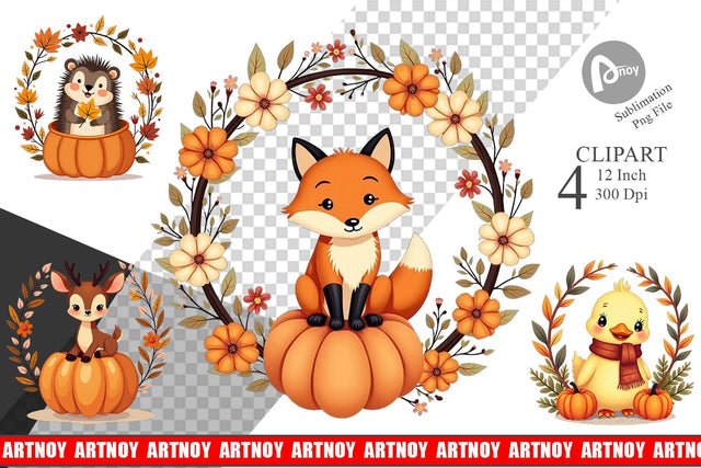 Boho Pumpkin Critters Clipart Sublimation artnoy 
