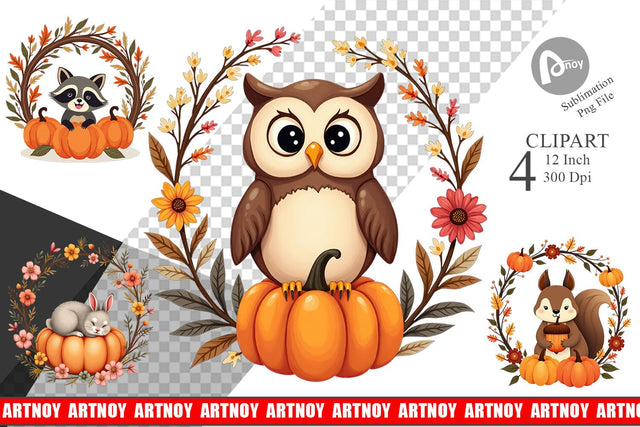 Boho Pumpkin Critters Clipart Sublimation artnoy 