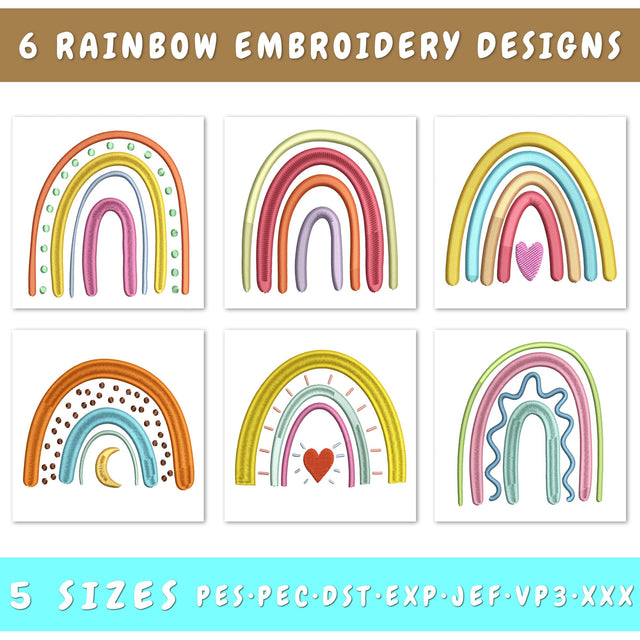 Boho Rainbow Machine Embroidery Designs - Digital Embroidery File, Instant Download, 5 Sizes, PES DST EXP Jef Hus Embroidery/Applique DESIGNS HappyDesignStudio 
