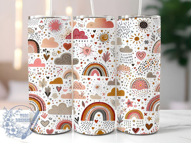Boho Rainbow Tumbler Wrap, Cute Rainbow Design, Hearts and Clouds Art, 20oz Tumbler Wrap, Sublimation Design, Kids Gift, Whimsical Drinkware Sublimation ToriDesigns 