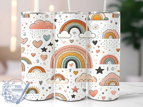 Boho Rainbow Tumbler Wrap, Cute Rainbow Design, Hearts and Clouds Art, 20oz Tumbler Wrap, Sublimation Design, Kids Gift, Whimsical Drinkware Sublimation ToriDesigns 