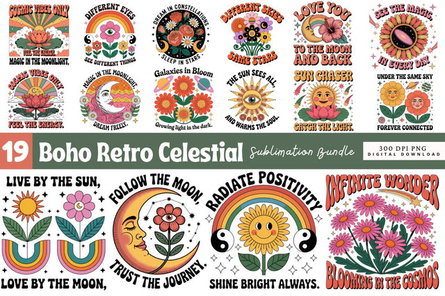 Boho Retro Celestial, Hippie Vintage PNG Bundle,Boho Celestial png Sublimation Regulrcrative 