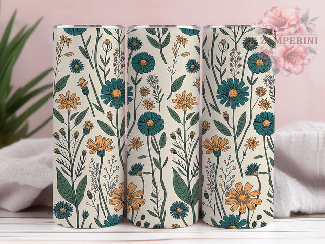 Boho Retro Floral Garden Tumbler Wrap, Retro Flower Design, Delicate Garden Art, Vintage Bloom Cup, Feminine Nature Gift, Boho Pattern Wrap, Cottage Core Sublimation Sublimation Li Zamperini 