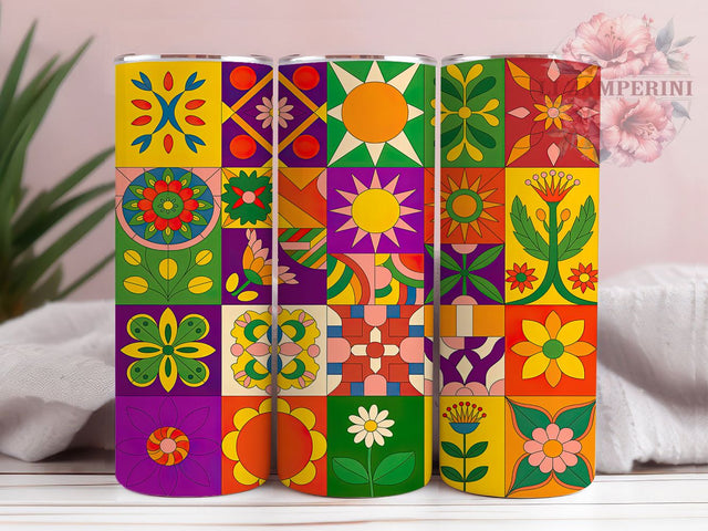 Boho Retro Peace Tumbler, Hippie Floral Pattern, Retro Flower Design, 20Oz Sublimation Wrap, Free Spirit Art, Vintage Hippie Texture, Tumbler Sublimation Sublimation Li Zamperini 