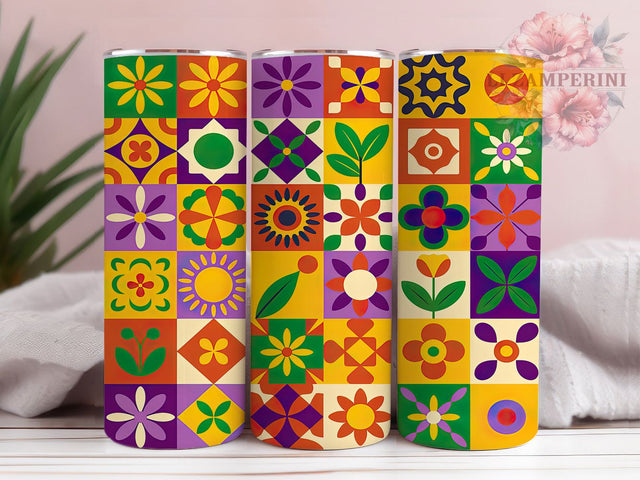 Boho Retro Peace Tumbler, Hippie Floral Pattern, Retro Flower Design, 20Oz Sublimation Wrap, Free Spirit Art, Vintage Hippie Texture, Tumbler Sublimation Sublimation Li Zamperini 