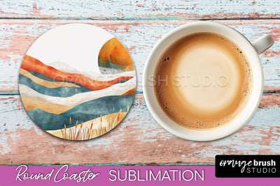 Boho Round Coaster Sublimation, Minimalist Landscape Design Sublimation OrangeBrushStudio 