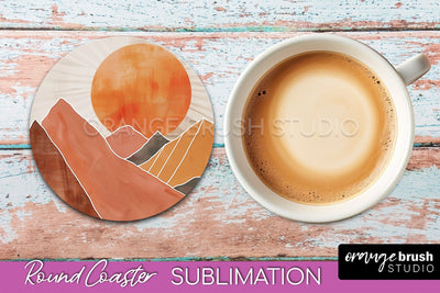 Boho Round Coaster Sublimation, Minimalist Landscape Design Sublimation OrangeBrushStudio 