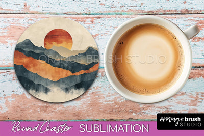 Boho Round Coaster Sublimation, Minimalist Landscape Design Sublimation OrangeBrushStudio 