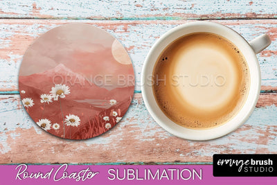 Boho Round Coaster Sublimation, Minimalist Landscape Design Sublimation OrangeBrushStudio 