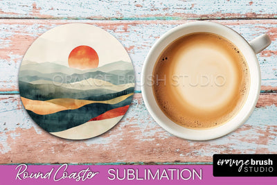 Boho Round Coaster Sublimation, Minimalist Landscape Design Sublimation OrangeBrushStudio 