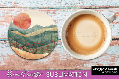 Boho Round Coaster Sublimation, Minimalist Landscape Design Sublimation OrangeBrushStudio 