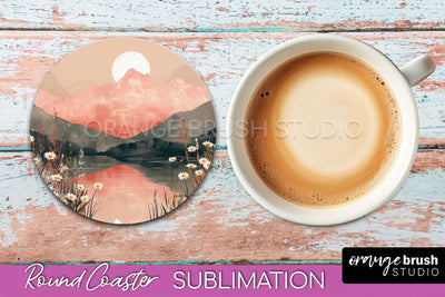 Boho Round Coaster Sublimation, Minimalist Landscape Design Sublimation OrangeBrushStudio 