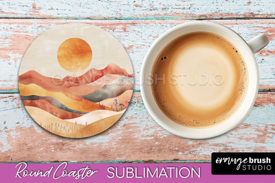 Boho Round Coaster Sublimation, Minimalist Landscape Design Sublimation OrangeBrushStudio 