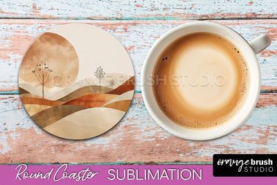 Boho Round Coaster Sublimation, Minimalist Landscape Design Sublimation OrangeBrushStudio 