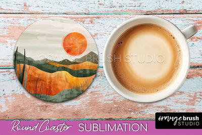 Boho Round Coaster Sublimation, Minimalist Landscape Design Sublimation OrangeBrushStudio 